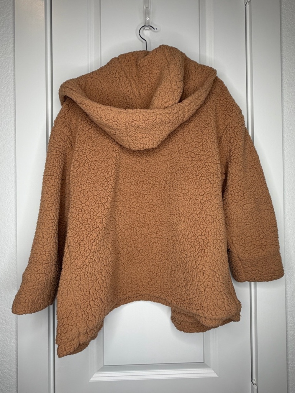 Camel Teddy Sherpa Hooded Coat Oversized Open Front Fleece Jacket Cozy - Picture 6 of 8